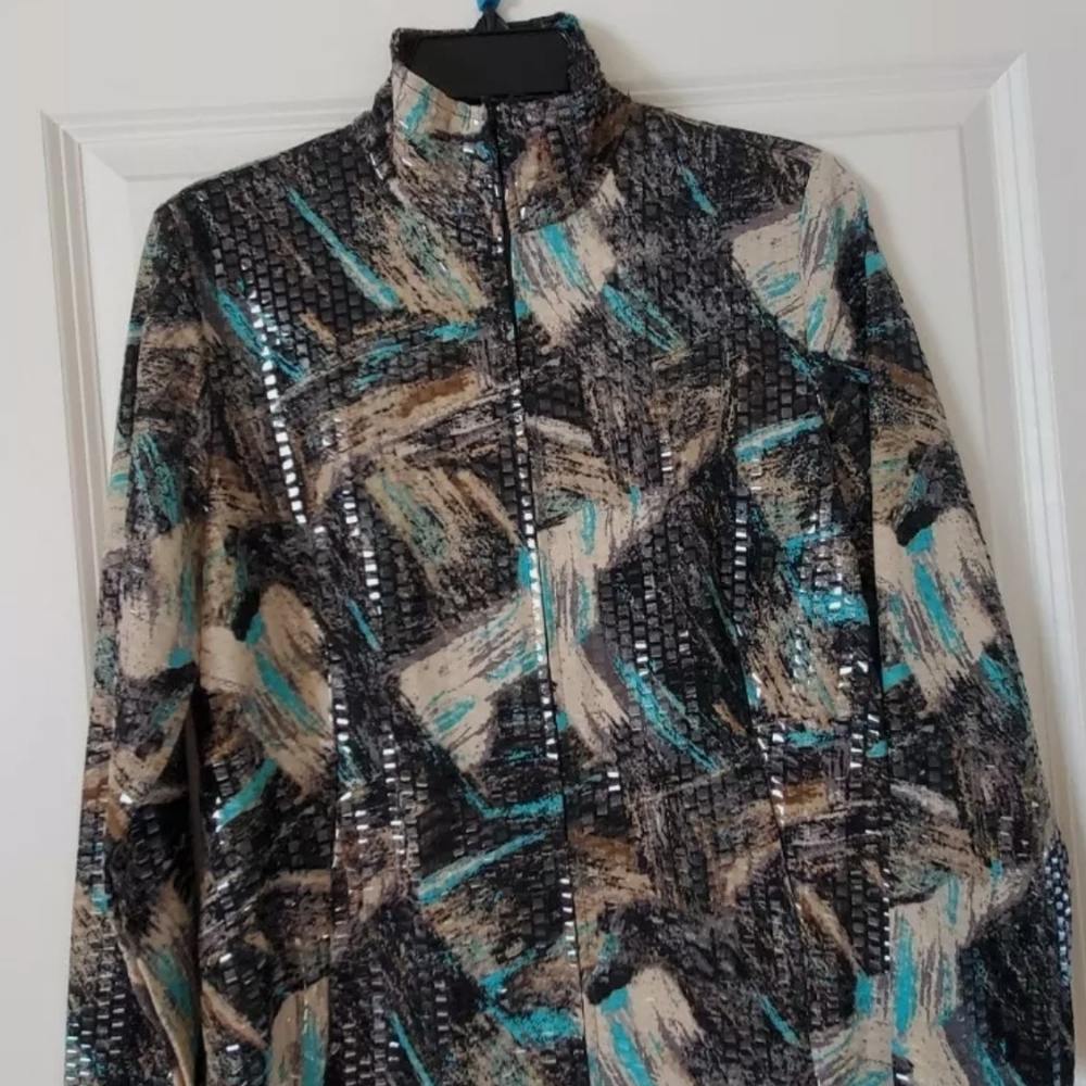 Aqua Ivory Gray Black Women Zipped Top M